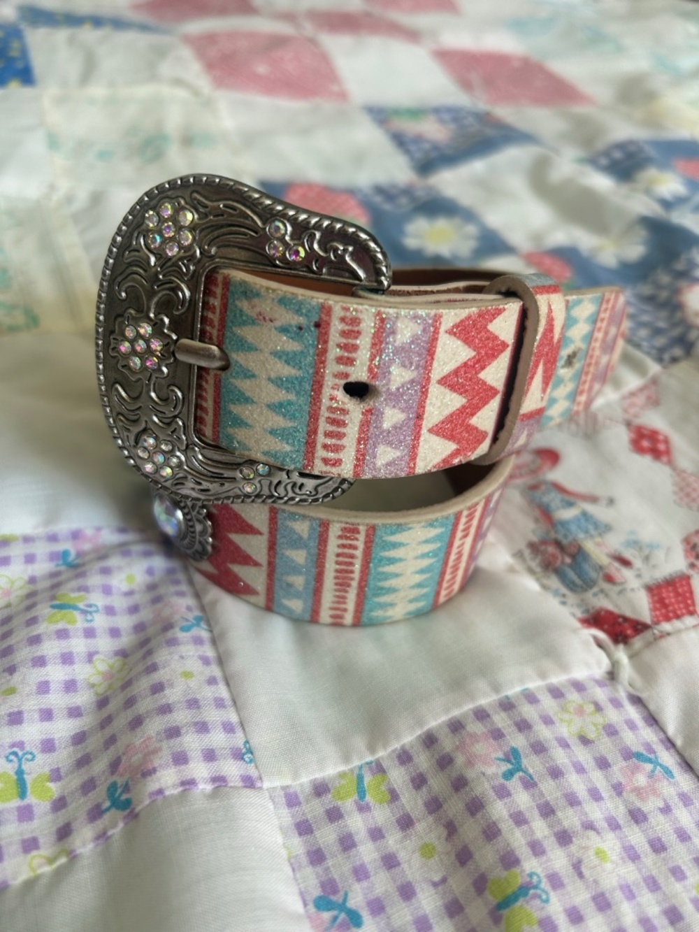 Nocona M&F Western Girls Aztec Glitter Belt Size 20 Rhinestone Buckle Conchos